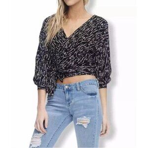 Anama Women's Black V Neck Balloon‎ Sleeve Floral Ditsy Print Wrap Top SZ M